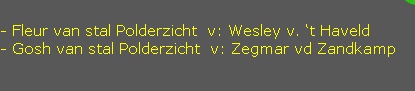 
- Fleur van stal Polderzicht  v: Wesley v. ‘t Haveld
- Gosh van stal Polderzicht  v: Zegmar vd Zandkamp